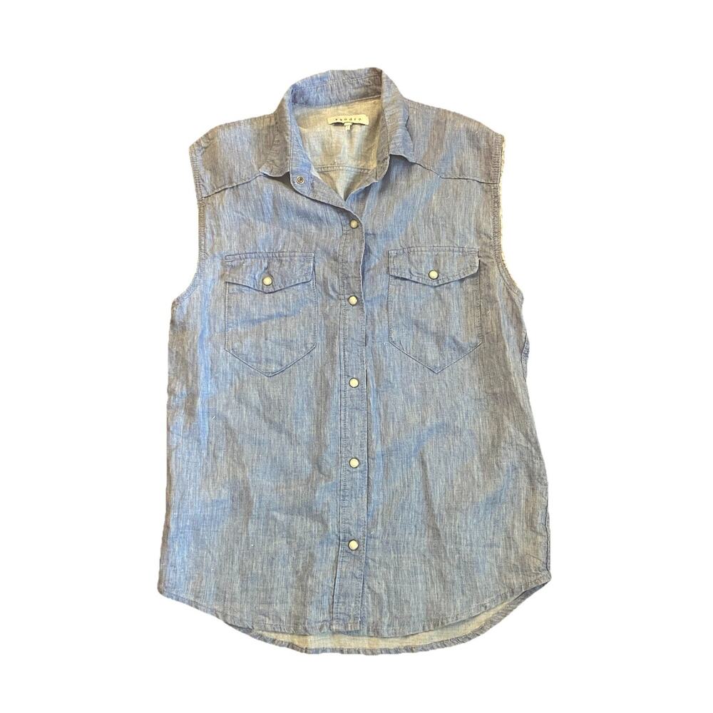 sandro linen vest top blue denim look chambray button up pockets size 1